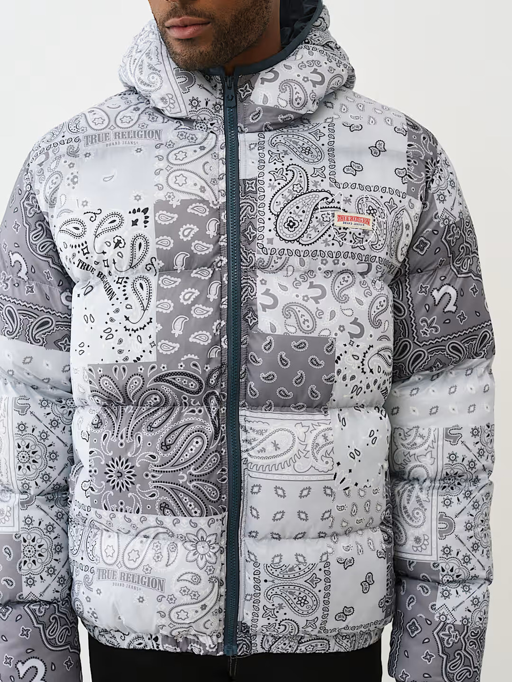 True Religion Hood Puffer Jacket XL Grey Blue Bandana NWT